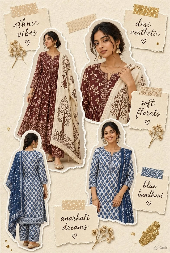 Ethnic Wear & Sarees creative ad: Scrapbook cutout moodboard with handwritten tags