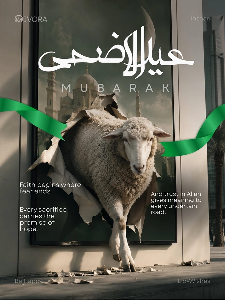 Eid creative ad: Sheep bursting through torn paper billboard with mosque image