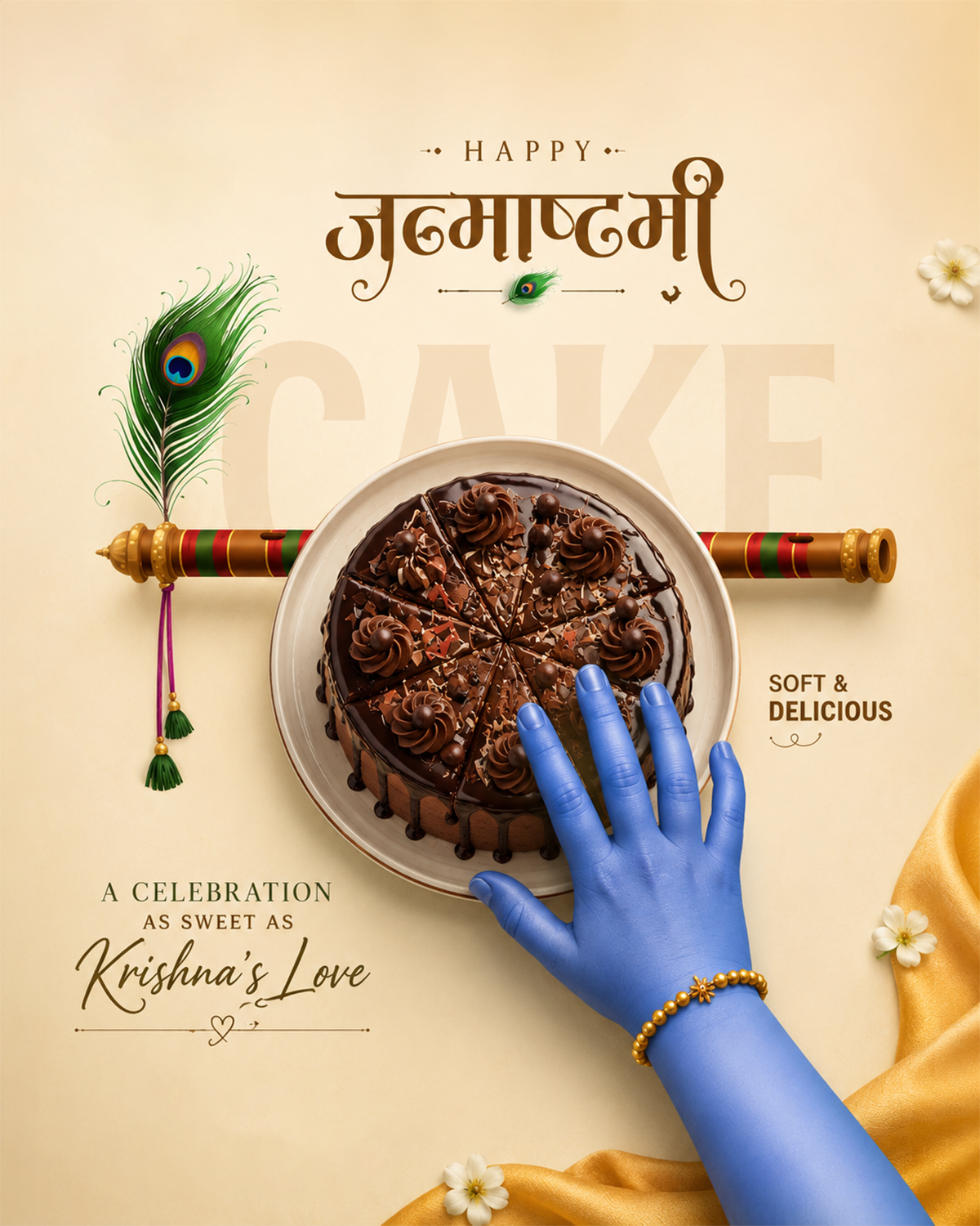 Blue Krishna hand reaching for a chocolate cake over a flute