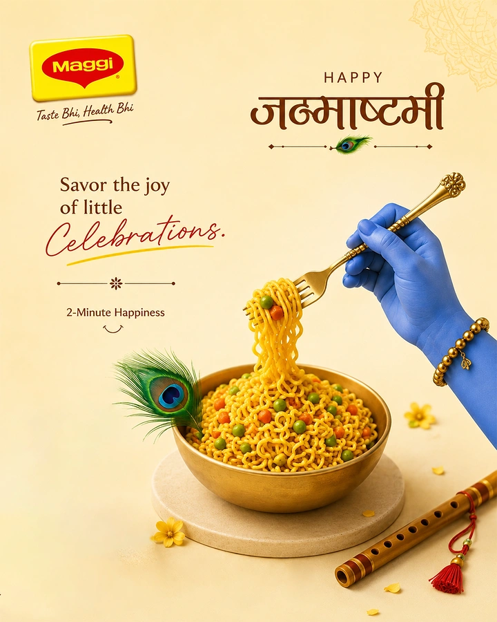 Janmashtami creative ad: Blue Krishna hand twirling noodles from a brass bowl with a flute and peacock feather