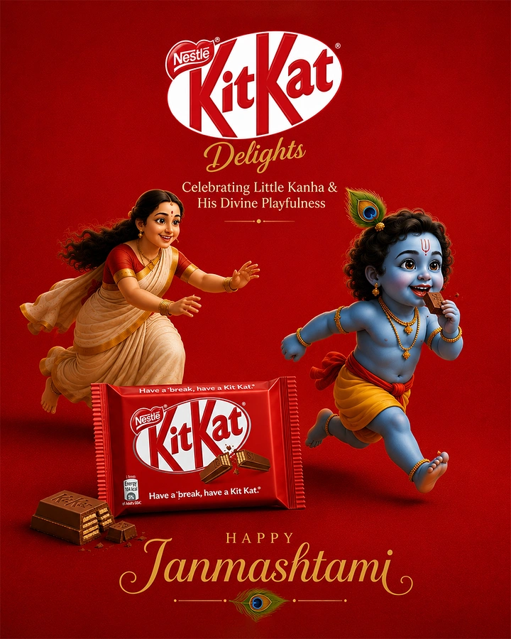 Janmashtami creative ad: 3D blue baby Krishna running off with chocolate, chased by his mother