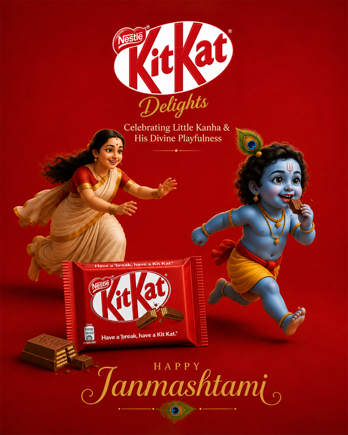 3D blue baby Krishna running off with chocolate, chased by his mother