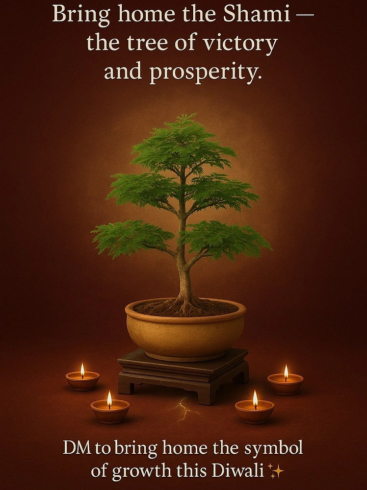Diwali creative ad: Shami bonsai tree in terracotta pot surrounded by lit diyas