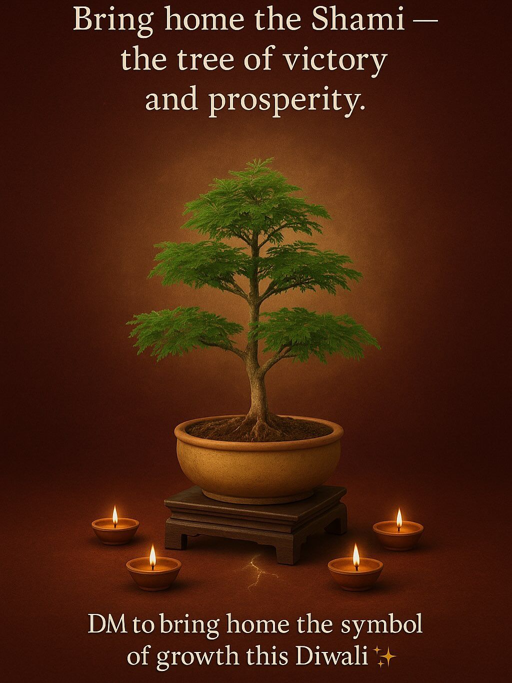 Diwali Instagram post: Shami bonsai tree in terracotta pot surrounded by lit diyas