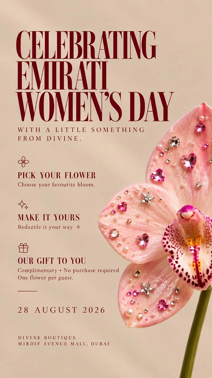 Women's Day creative ad: Pink orchid bloom embellished with crystals and pearls