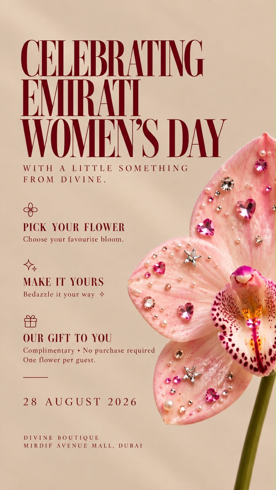 Women's Day Story: Pink orchid bloom embellished with crystals and pearls