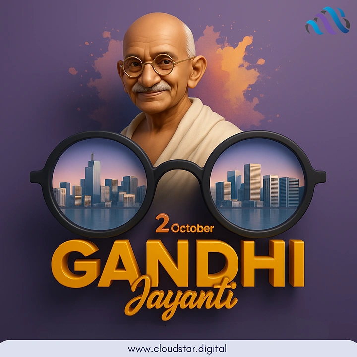 Gandhi Jayanti creative ad: Stylized Gandhi portrait framed by oversized spectacles containing city skylines