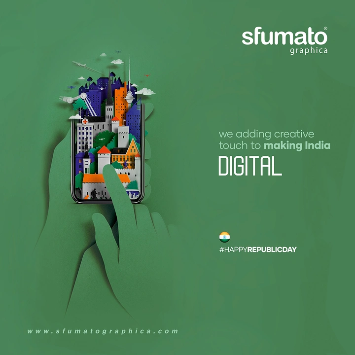 Republic Day creative ad: Paper-cut hand holding phone with city bursting out