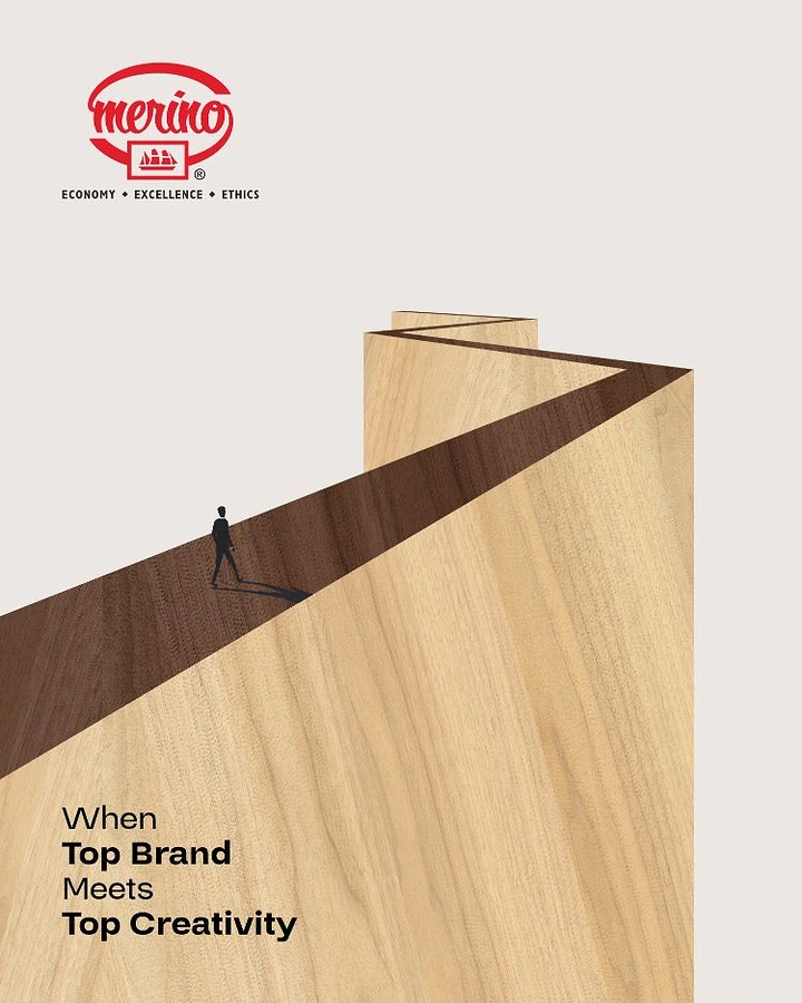 Plywood & Laminates creative ad: Giant folded wood laminate forming a path with a lone walker