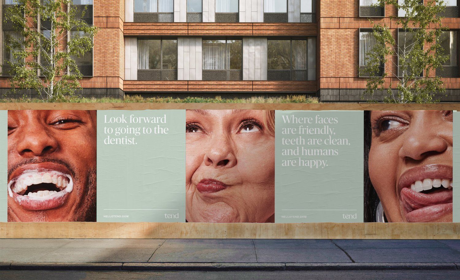 Poster: Extreme close-up smiling faces on street hoarding posters