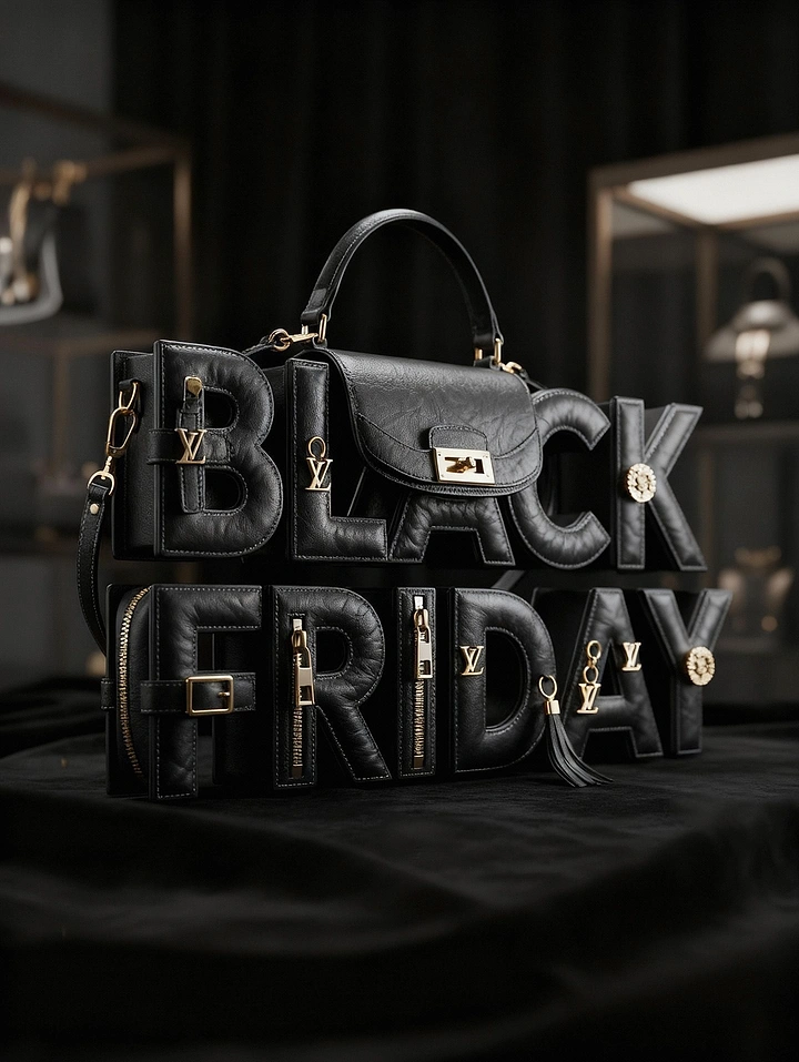 Black Friday creative ad: Headline letters built as black leather handbags with gold hardware