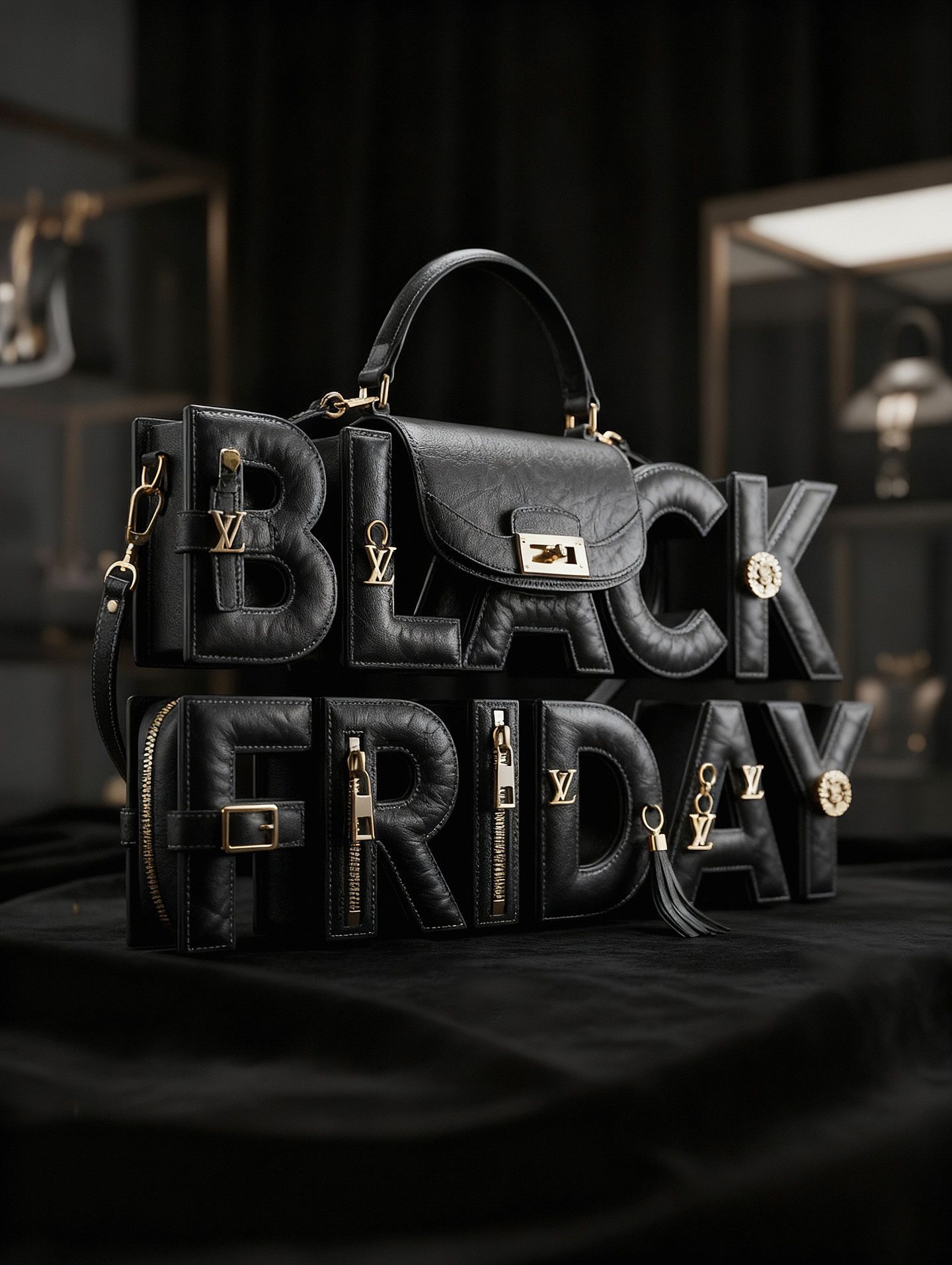 Black Friday Instagram post: Headline letters built as black leather handbags with gold hardware