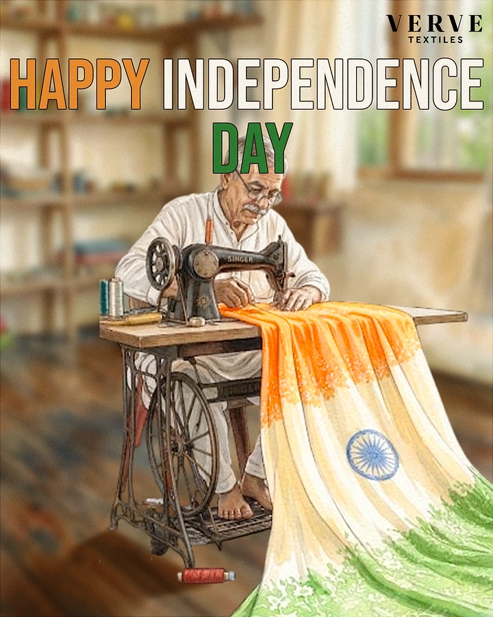 Independence Day creative ad: Tailor stitches tricolor fabric: textile becomes flag