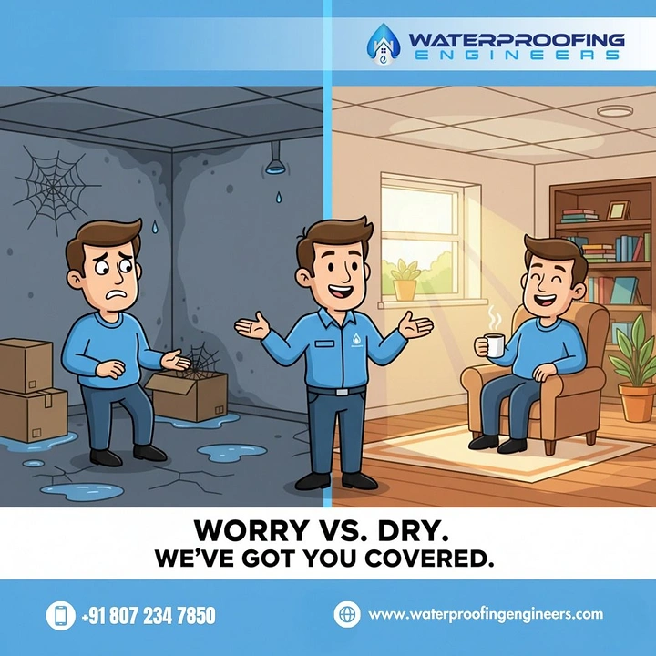 Waterproofing creative ad: Worry-versus-dry cartoon creates clear contrast