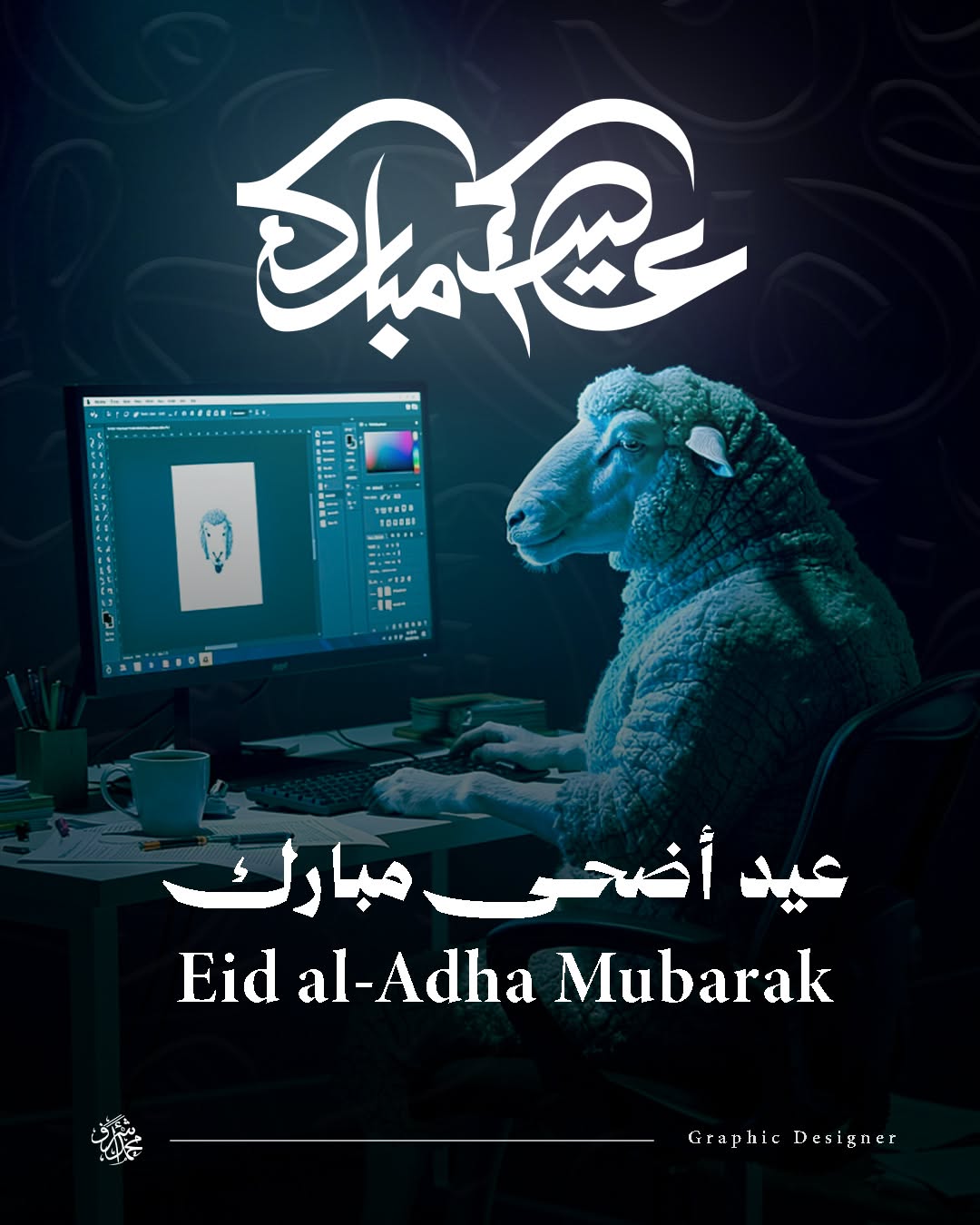 Anthropomorphic sheep working at a computer on a design in editing software