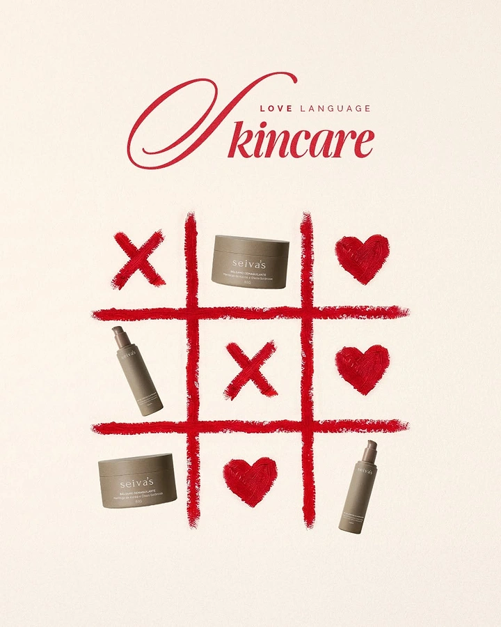 Valentine's Day creative ad: Lipstick-drawn tic-tac-toe grid with hearts, Xs and skincare products