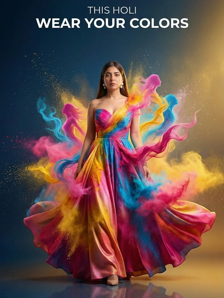 Holi creative ad: Woman in a flowing multicolour gown amid Holi powder bursts