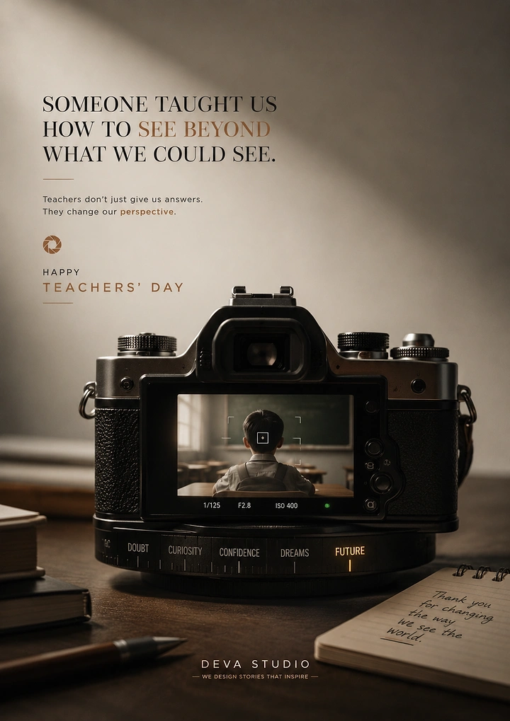 Photography creative ad: Camera screen frames classroom child, Teachers' Day