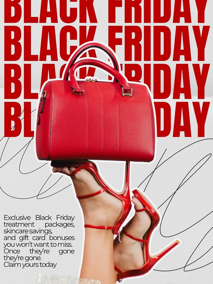 Black Friday creative ad: Red handbag balanced on legs in red strappy heels