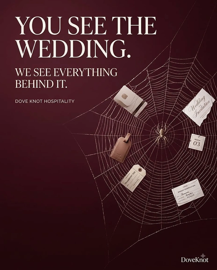 Events & Nightlife creative ad: A spider web catching the operational details behind a wedding