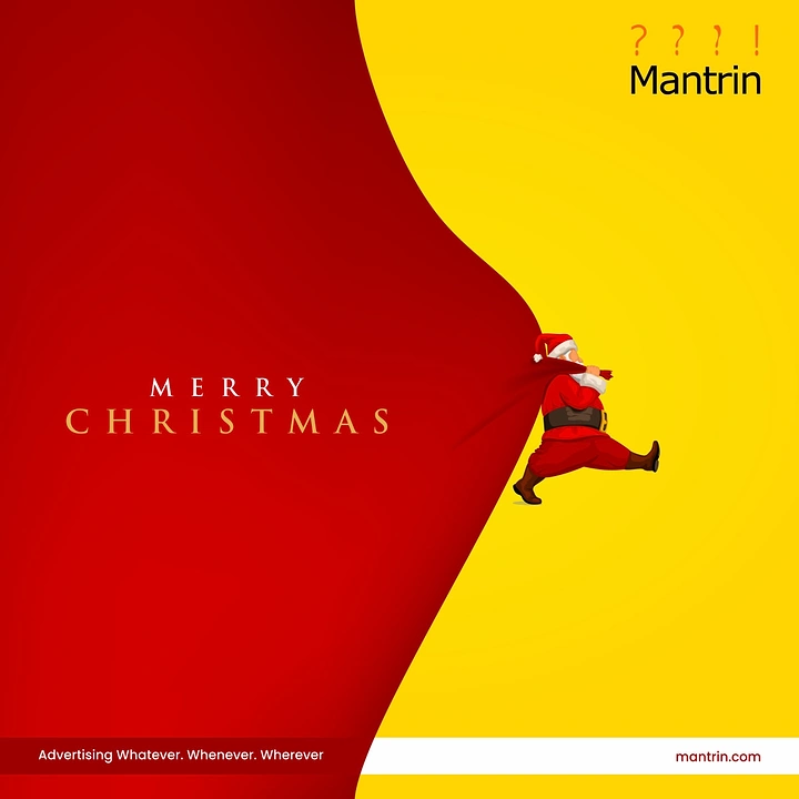 Christmas creative ad: Santa dragging a red curtain across a yellow background