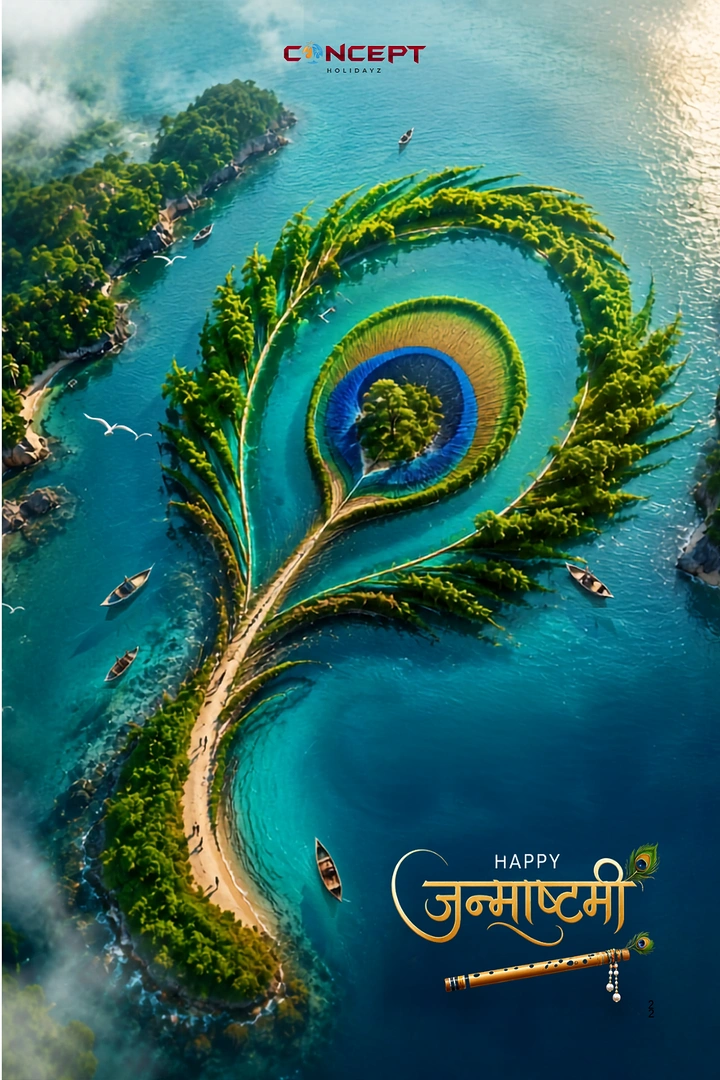 Janmashtami creative ad: Aerial island landscape shaped like a peacock feather