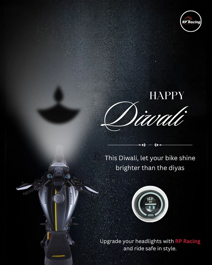 Diwali creative ad: Top-down motorcycle whose headlight beam casts a diya-shaped shadow