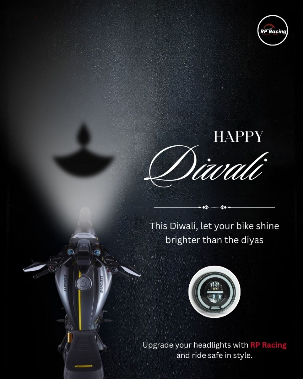 Diwali Instagram post: Top-down motorcycle whose headlight beam casts a diya-shaped shadow
