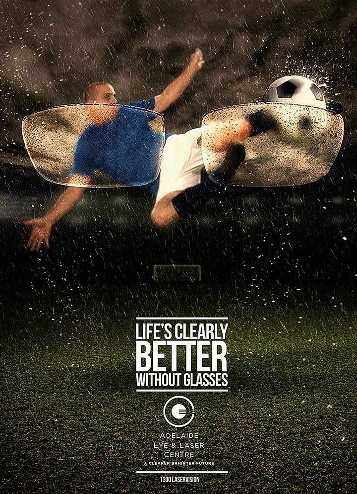 Healthcare creative ad: Footballer mid-bicycle-kick seen through rain-covered eyeglass lenses