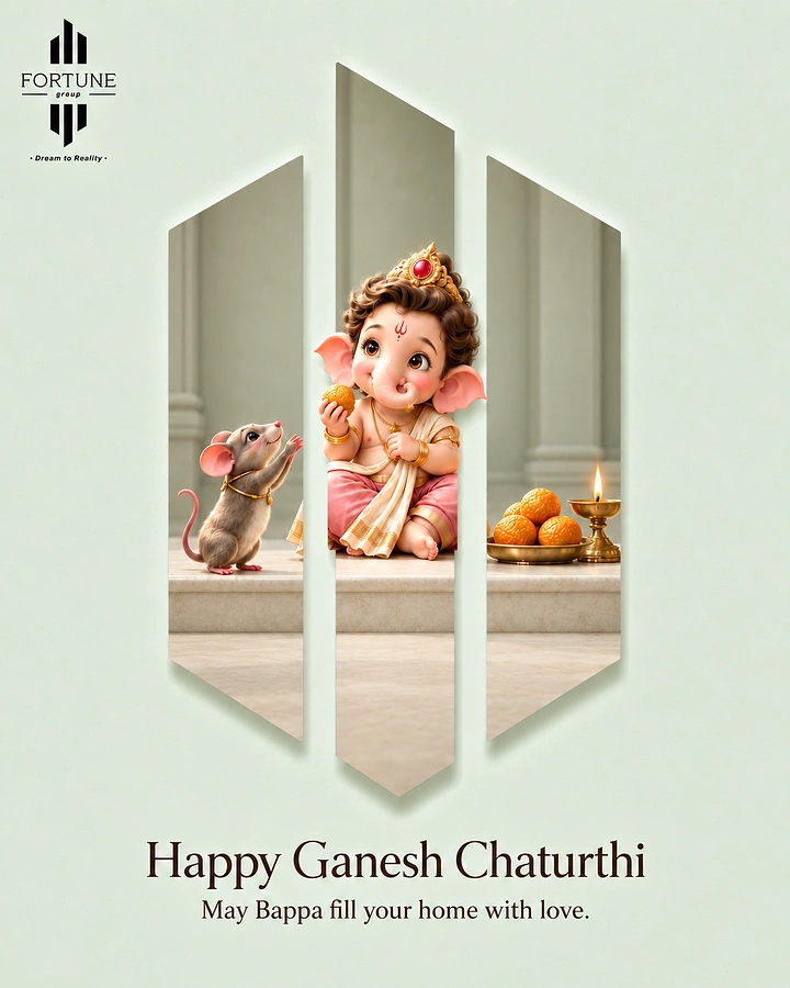 Ganesh Chaturthi creative ad: Cute baby Ganesha with mouse seen through logo-shaped cutouts