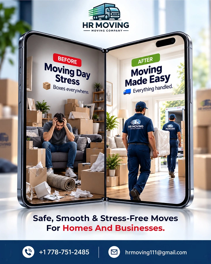 Movers & Packers creative ad: Foldable phone split into before/after moving