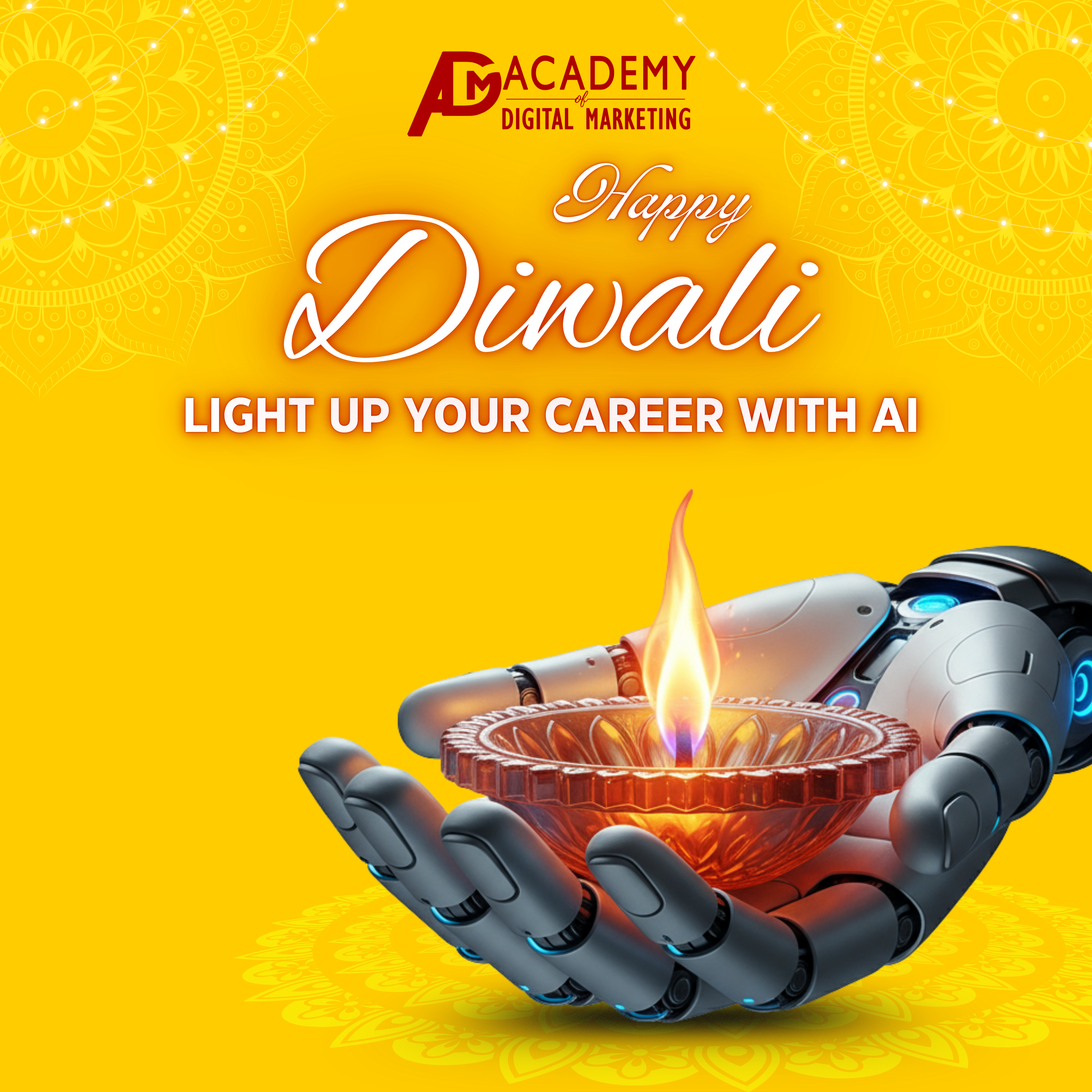 Diwali Instagram post: Robotic hand cradling a lit glass diya