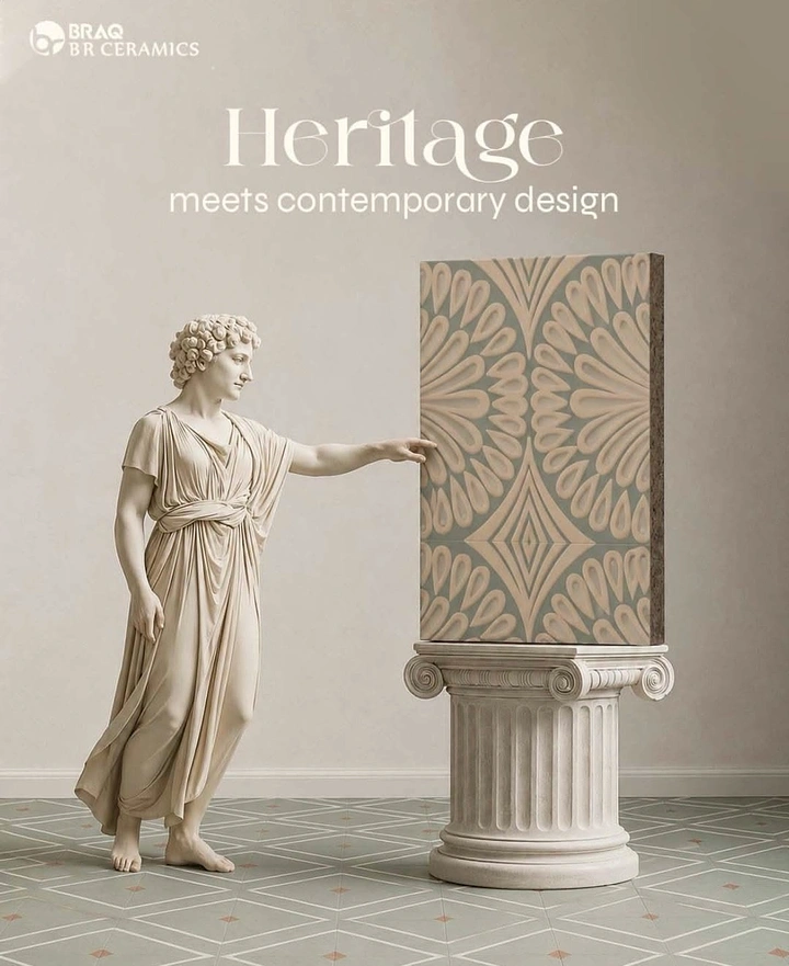 Cement, Steel & Building Materials creative ad: Classical Greek statue touching a patterned tile on an ionic pedestal