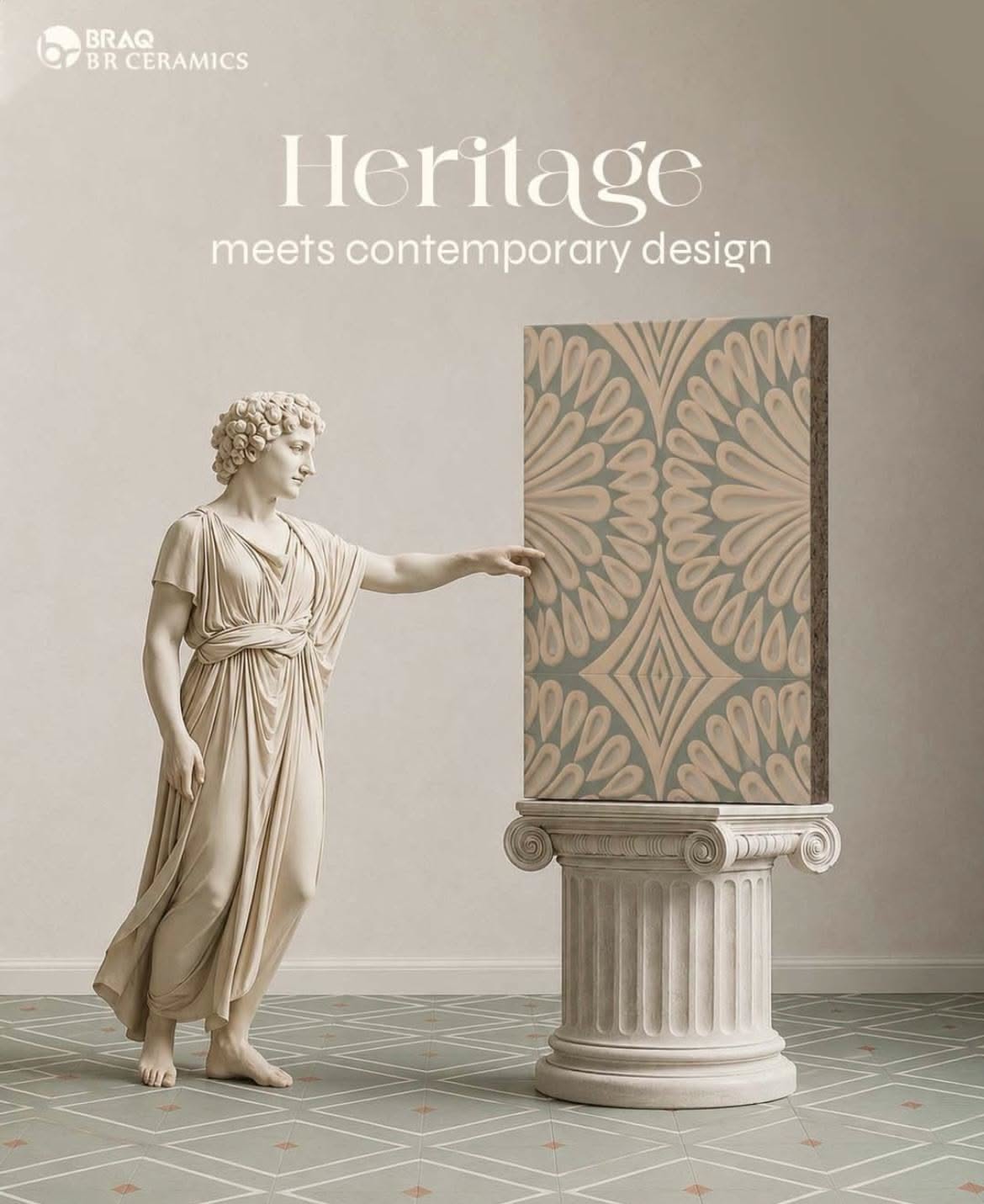 Instagram post: Classical Greek statue touching a patterned tile on an ionic pedestal