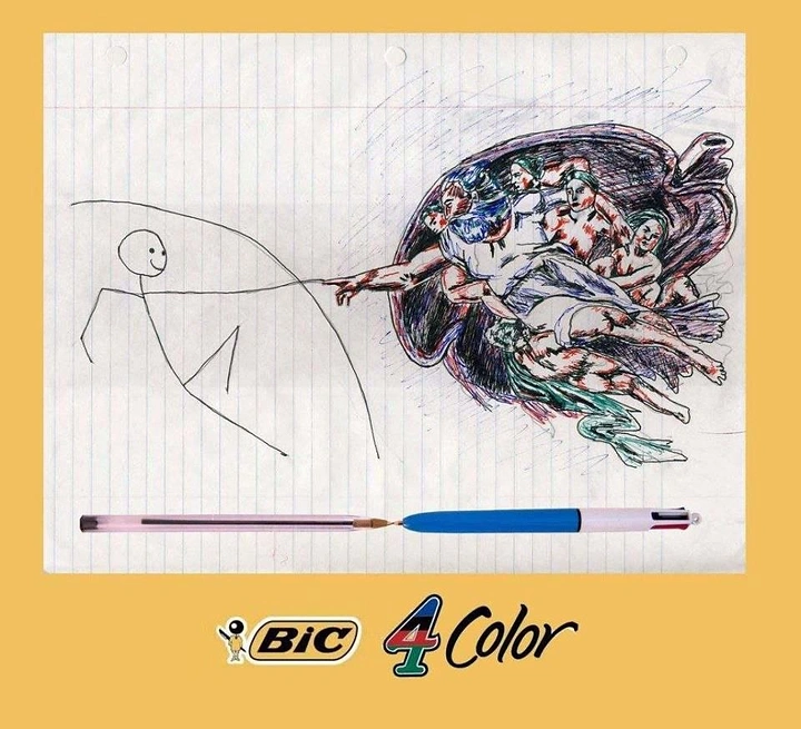 Stationery Shops creative ad: Stick figure vs multicolour Creation of Adam sketch