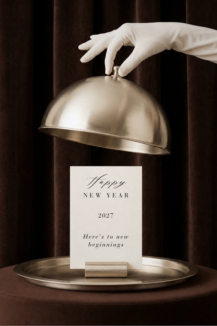 New Year creative ad: Gloved hand lifting a cloche to reveal a greeting card