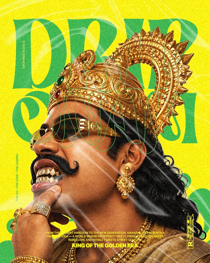 Onam creative ad: Close-up profile of Mahabali in a gold crown, gold shades and gold teeth grills