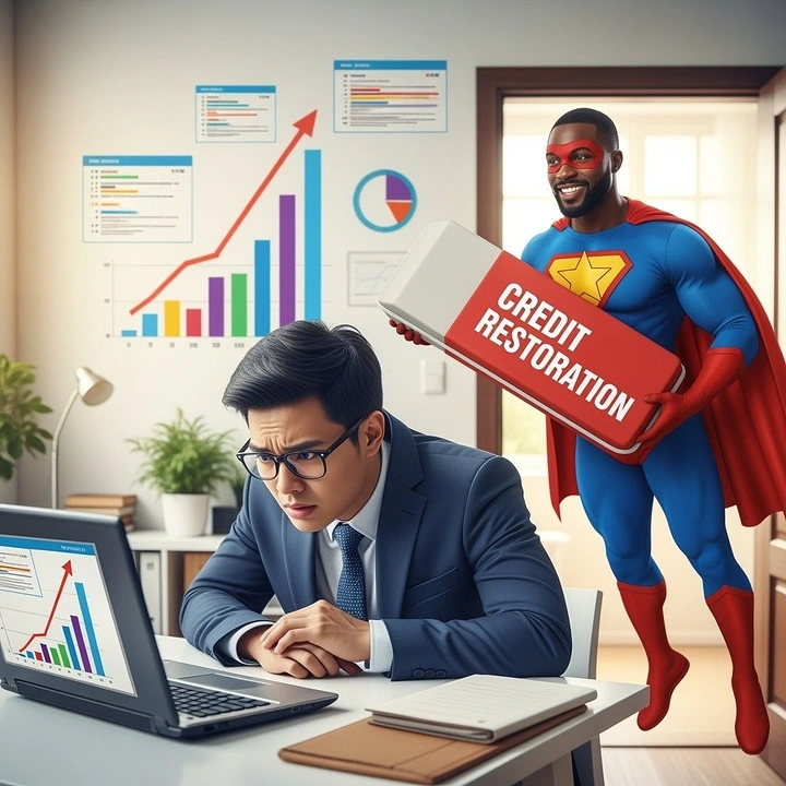 Credit Repair & Credit Score Services creative ad: Credit restoration superhero visual metaphor