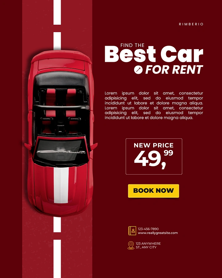 Car Rental creative ad: Top-down car riding the road stripe