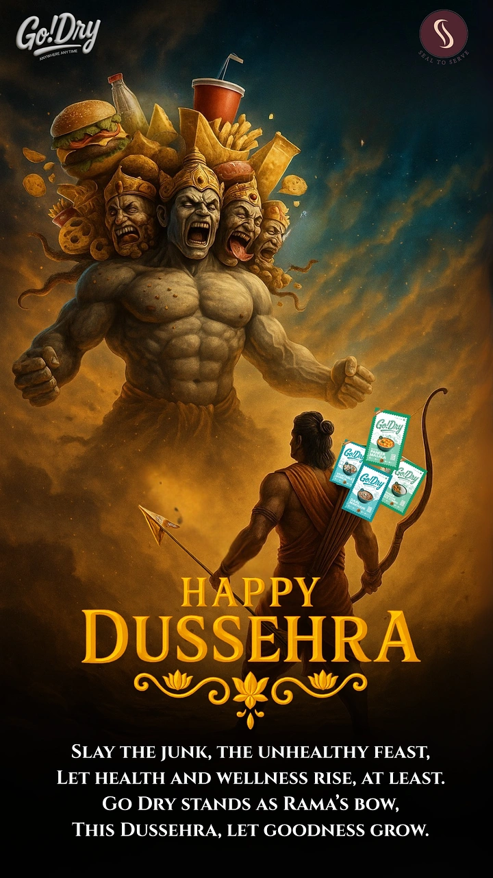 Dussehra creative ad: Rama facing a junk-food-headed Ravana
