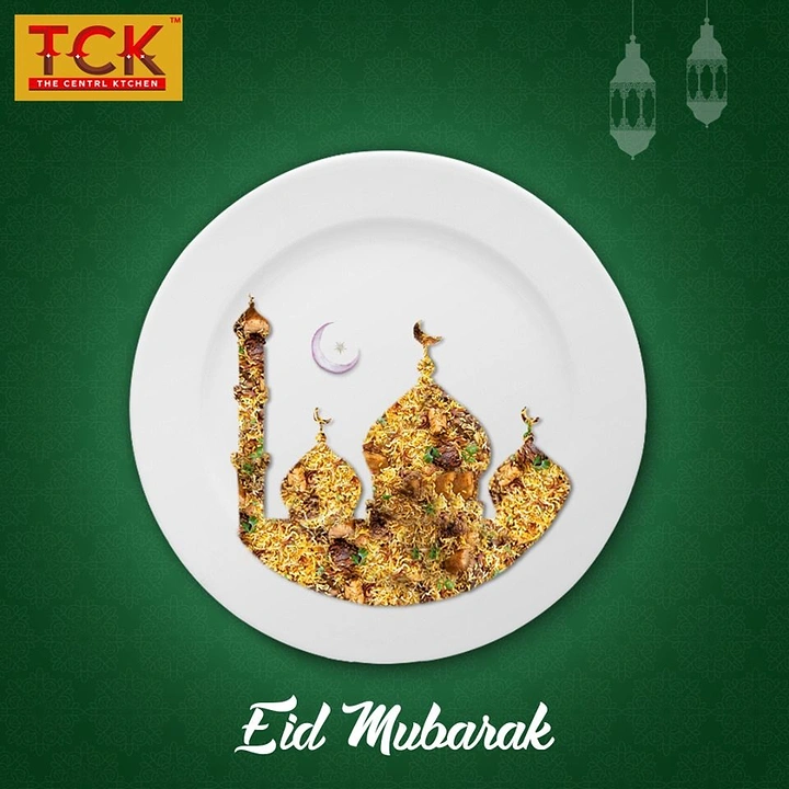 Eid creative ad: Biryani arranged as a mosque silhouette on a white plate