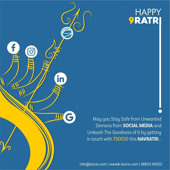 Navratri creative ad: Durga's yellow line-art arms holding social media icons