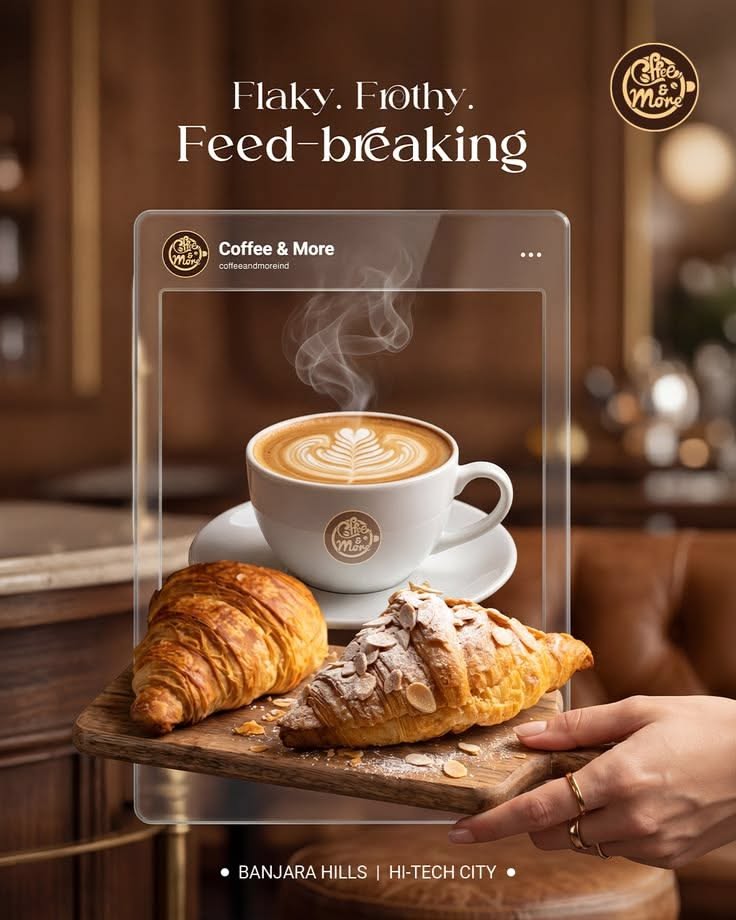 Instagram post: Latte and almond croissants on a board breaking out of a glass Instagram post frame