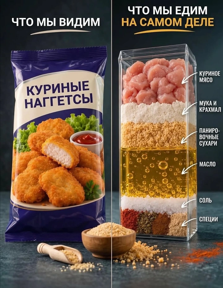 Frozen Foods & Ready-to-Cook creative ad: Nugget package vs clear box of layered raw ingredients