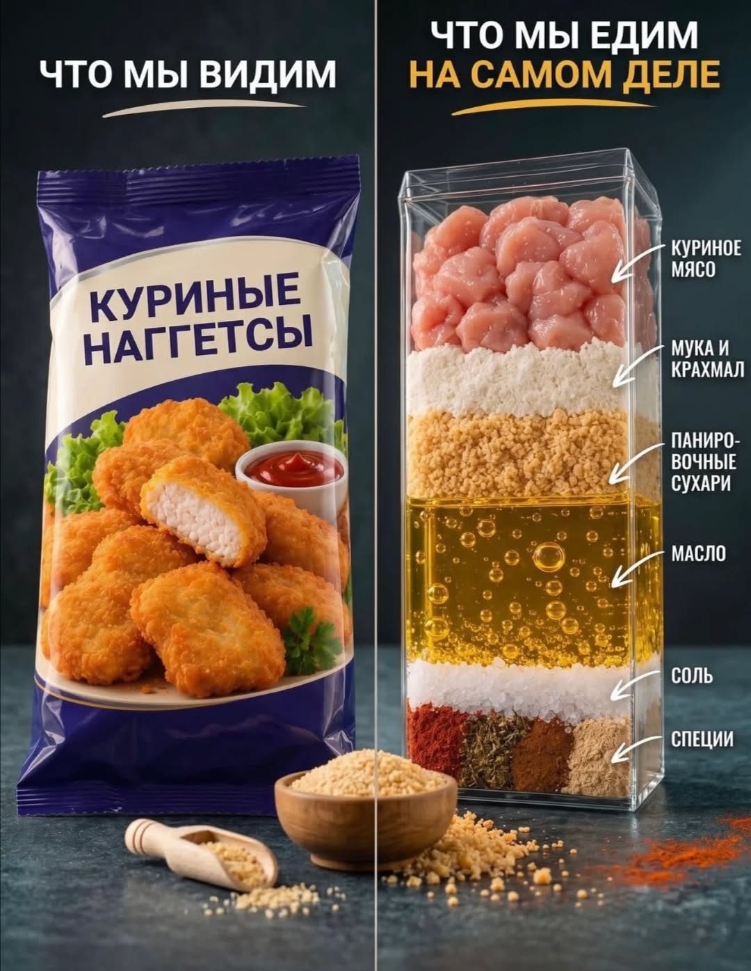 Instagram post: Nugget package vs clear box of layered raw ingredients
