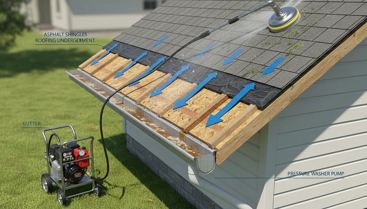 Pressure Washing creative ad: Exploded roof-cleaning process diagram