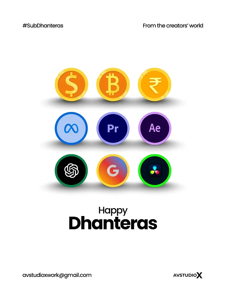 Dhanteras creative ad: 3x3 grid of coins: currency coins on top and creative-software app icons as coins below