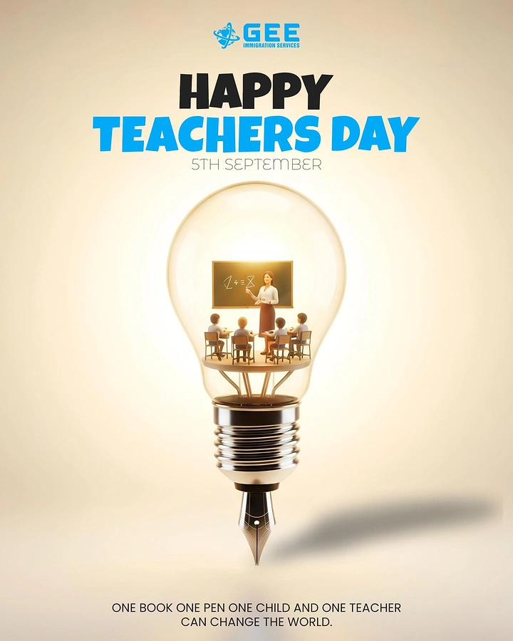 Teachers Day creative ad: Light bulb with a fountain-pen nib base holding a miniature classroom inside