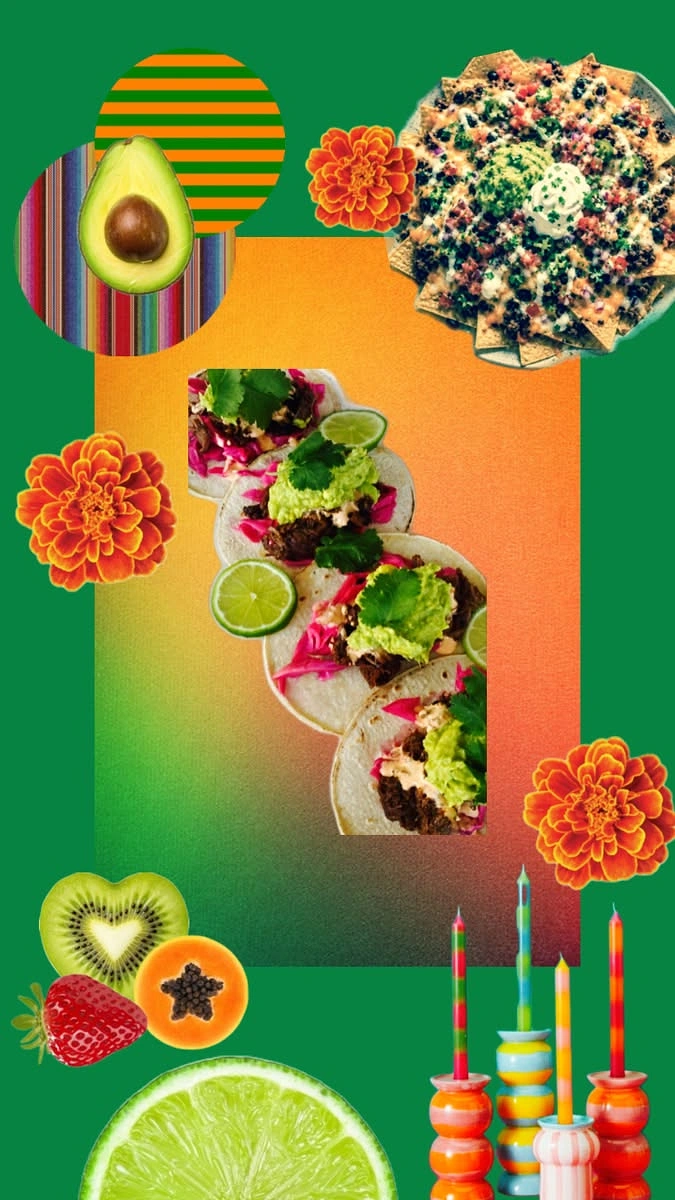 Mexican Restaurants creative ad: Festive ingredient collage with tacos