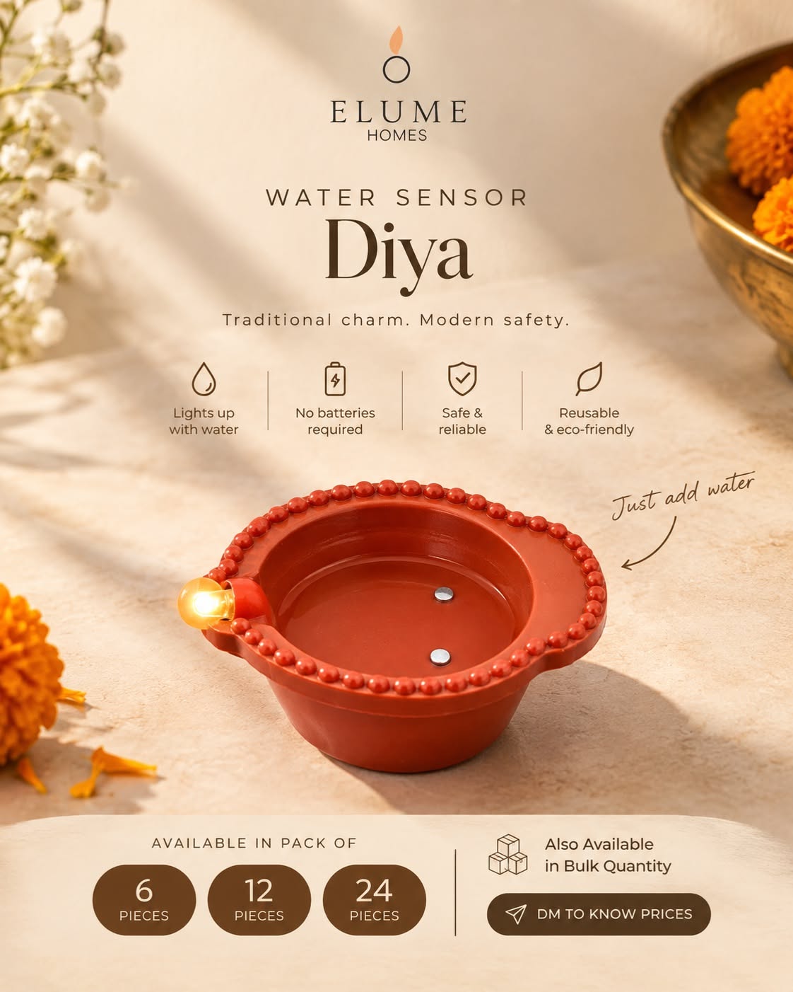 Diwali Instagram post: Terracotta-red water-sensor LED diya on a stone surface